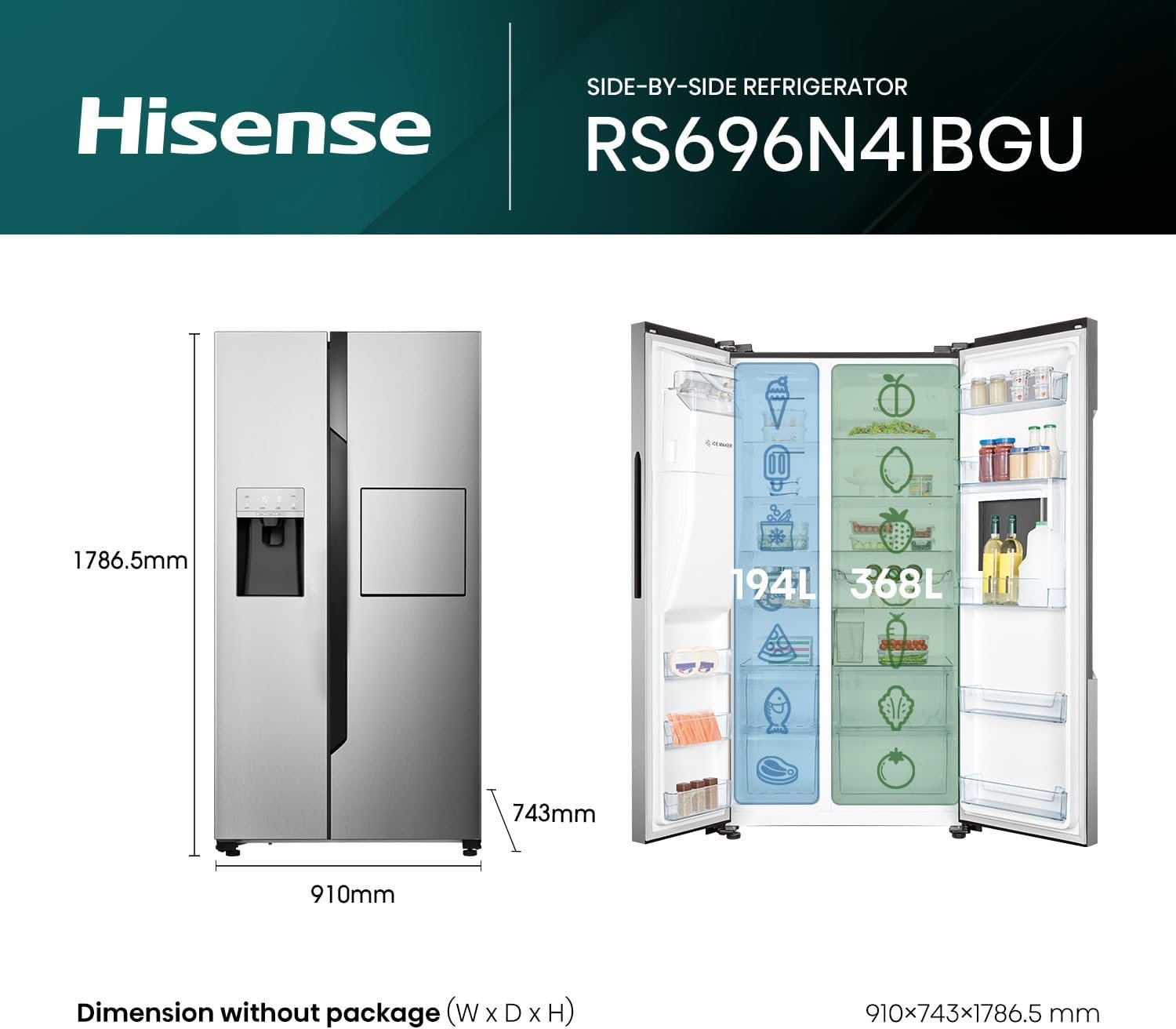 Hisense 696 Liter Side by Side Refrigerator Ice With Water Dispenser No Frost Color Silver Model - RS696N4IBGU - 1 Year Full 5 Years Compressor Warranty. - Image 2