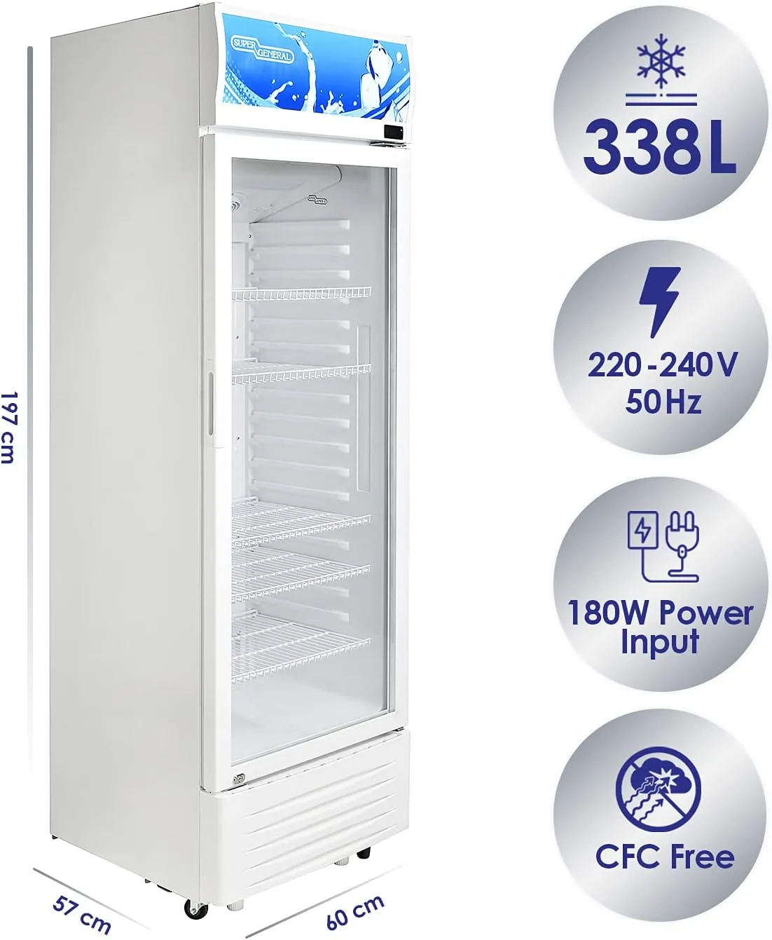 Super General 398 Liter Single Door Showcase Chiller Upright Beverage Showcase Energy Saving Low Noise Color White Model - SGSC398 - 1 Year Full 5 Year Compressor Warranty. - Image 3