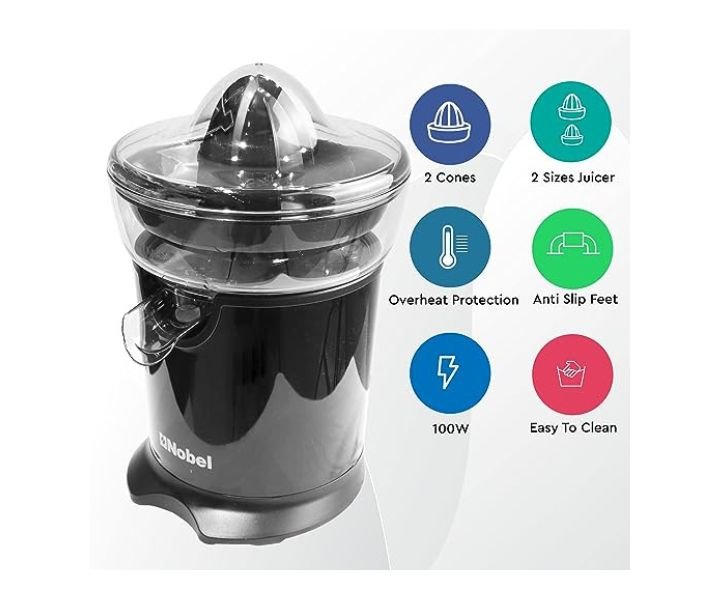 Nobel Juicer 2 Cones With 2 Size Plastic Body Anti Drip Function Anti Slip Black Model-NJ406 | 1 Year Warranty. - Image 2
