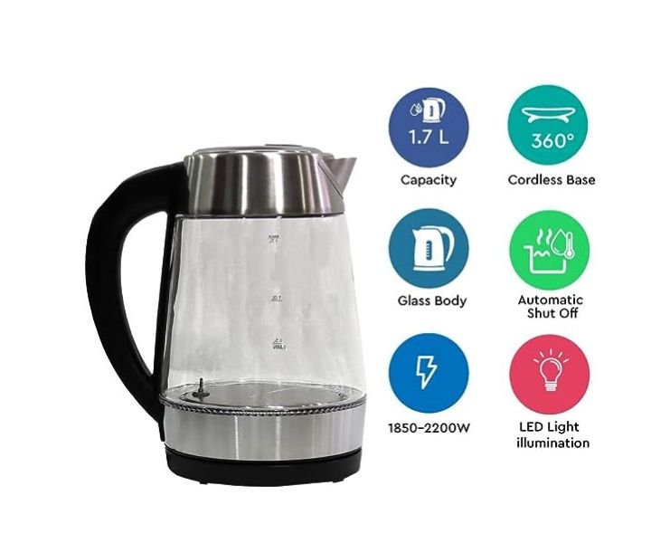 Nobel 1.7 Litres Glass Kettle With Automatic One Button Cover Starter LED Light 2200 W Black Model-NK175DG | 1 Year Warranty. - Image 2