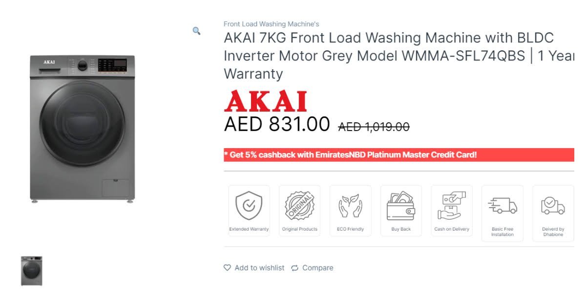 Akai 7 Kg Front Load Washing Machine With Inverter Motor Grey Model - WMMA-SFL74QBS - 1 Year Warranty. - Image 2