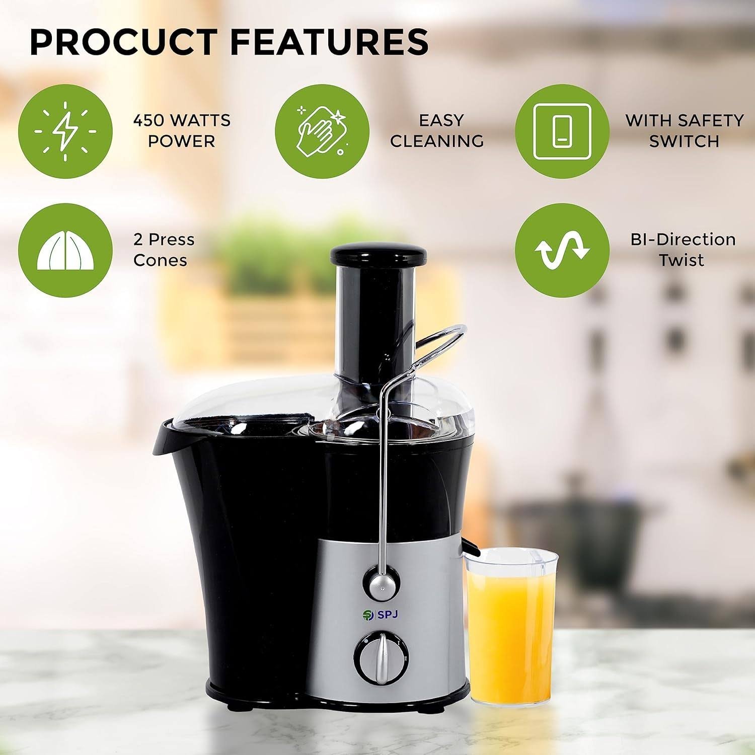 SPJ 450W Juicer Machine Stainless Steel BLACK & SILVER Model JCU-IN500M01 | 1 Year Warranty - Image 5