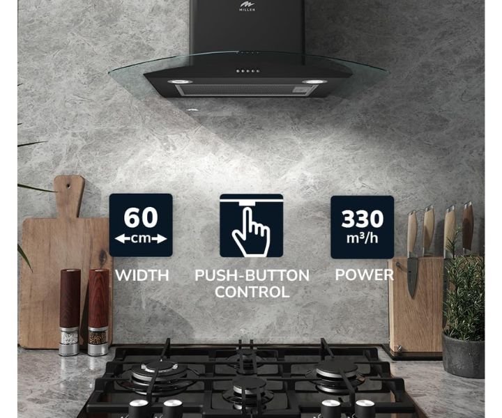 MILLEN Kitchen Chimney Hood 60 cm With Glass Finishing Black Model-MKHG 603 BL | 3 Years Brand Warranty. - Image 3
