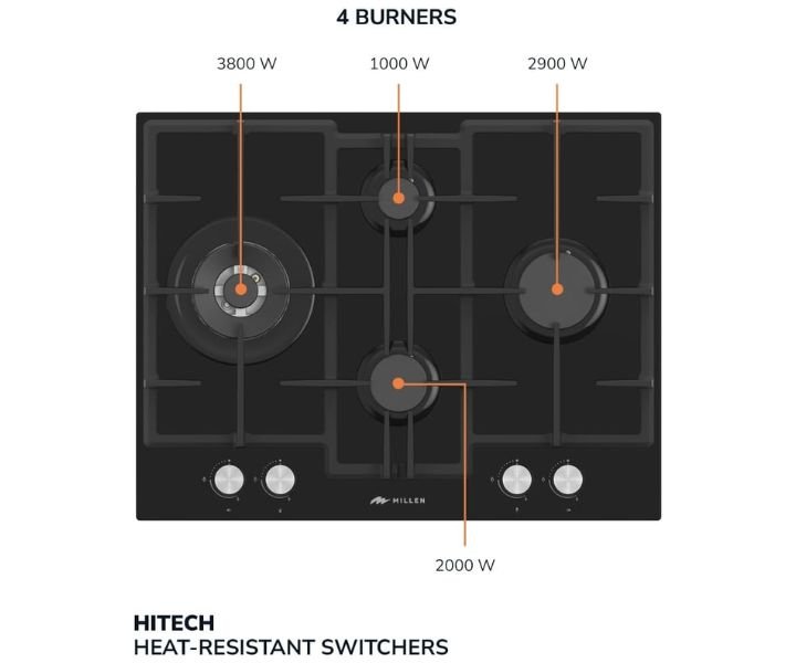MILLEN Built in Gas Hob 65 cm 4-Burner (Sabaf) With Glass Surface Black Model-MGHG 6503 BL | 3 Years Brand Warranty. - Image 5
